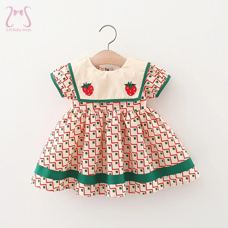 Summer Children's Clothes Simple Plaid Baby Girls Dresses Short Sleeve Kids Fashion Navy Collar 0 To 3 Years Old Toddler Costume