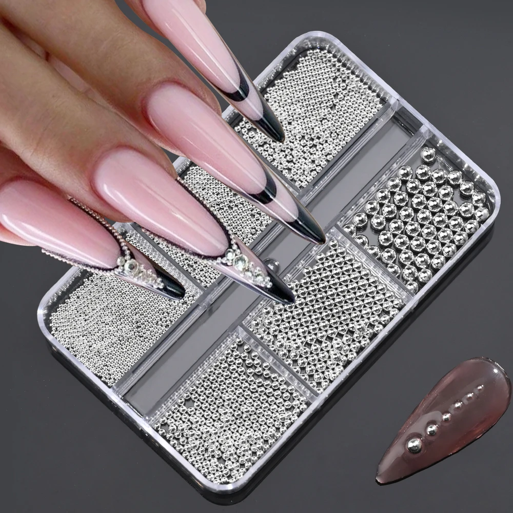 6 Grids Gold/Silver Stainless Steel Beads 3D Nail Art Charms 0.8-3mm Mixed-Size Metal Caviar Ball Gems DIY Luxury Manicure Part