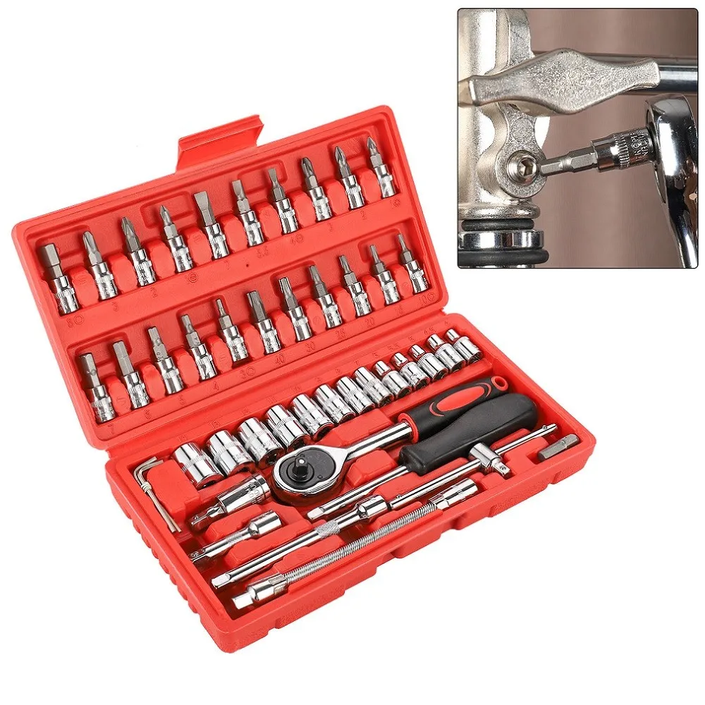46pcs Car Repair Tool Set Featuring 1/4 Inch Socket Ratchet Torque Wrench and Multi-Purpose Tools Kit for Auto Maintenance