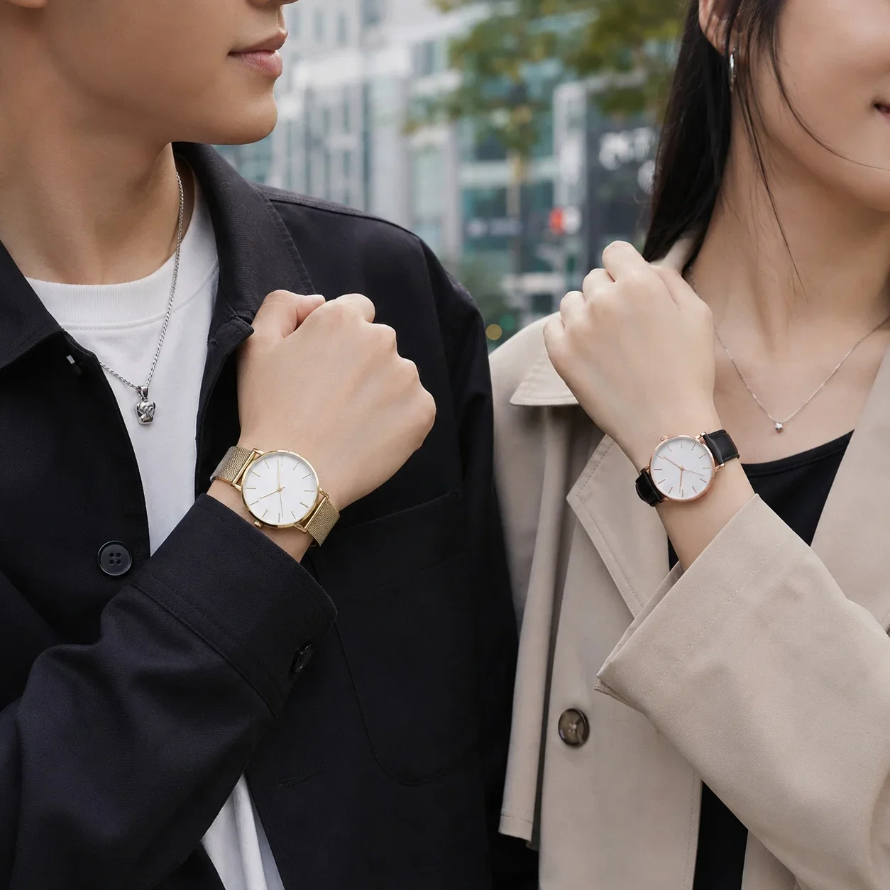 Luxury Simple Couple Watches Set 2Pcs Thin Round Dial Mesh Strap & Leather Band Quartz Wristwatches For Men Women Couple Gift