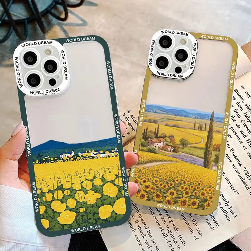 Retro Rural Scenery Painted Clear Phone Case For iphone 15 11 14 12 13 Pro Max X XR 7 8 Plus Large Flower Fields Log Cabin Cover