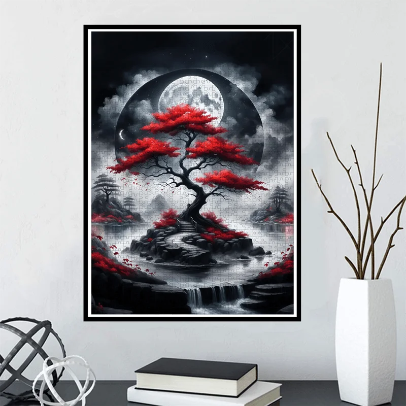 1000pcs Japanese Landscape Jigsaw Puzzle for Adults - Large Challenging Puzzle with Cherry Blossoms, Red Leaves, Black & White image 4