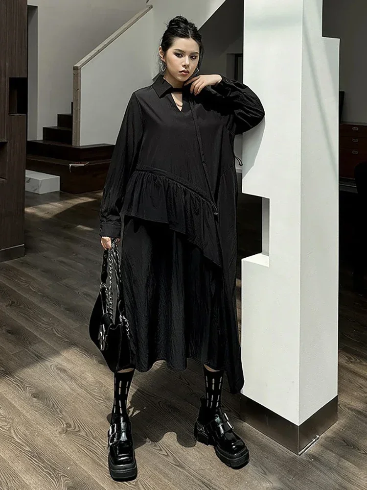 XITAO Asymmetrical Flounced Edge Dress Turn-down Collar Patchwork Solid Color Pullover Mid-calf Dresses 2024 Autumn HQQ2419