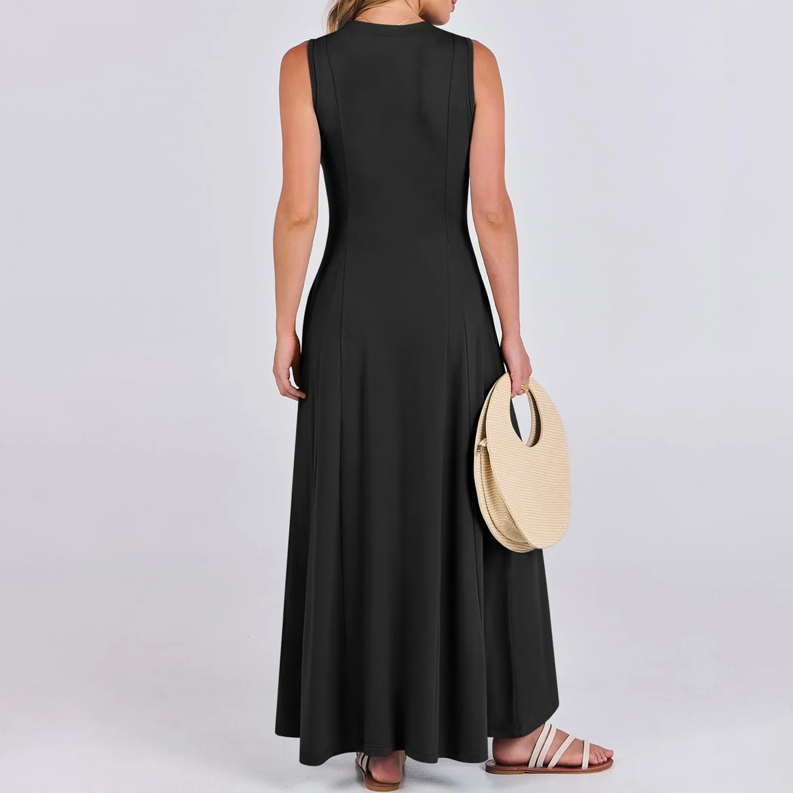 فستان نسائي طويل بأزرار خصر مرتفع بدون أكمام مع جيوب ، زي شاطئ ، فستان دبابات أحادي اللون ، نمط منتجع ، كاجوال ، صيفي