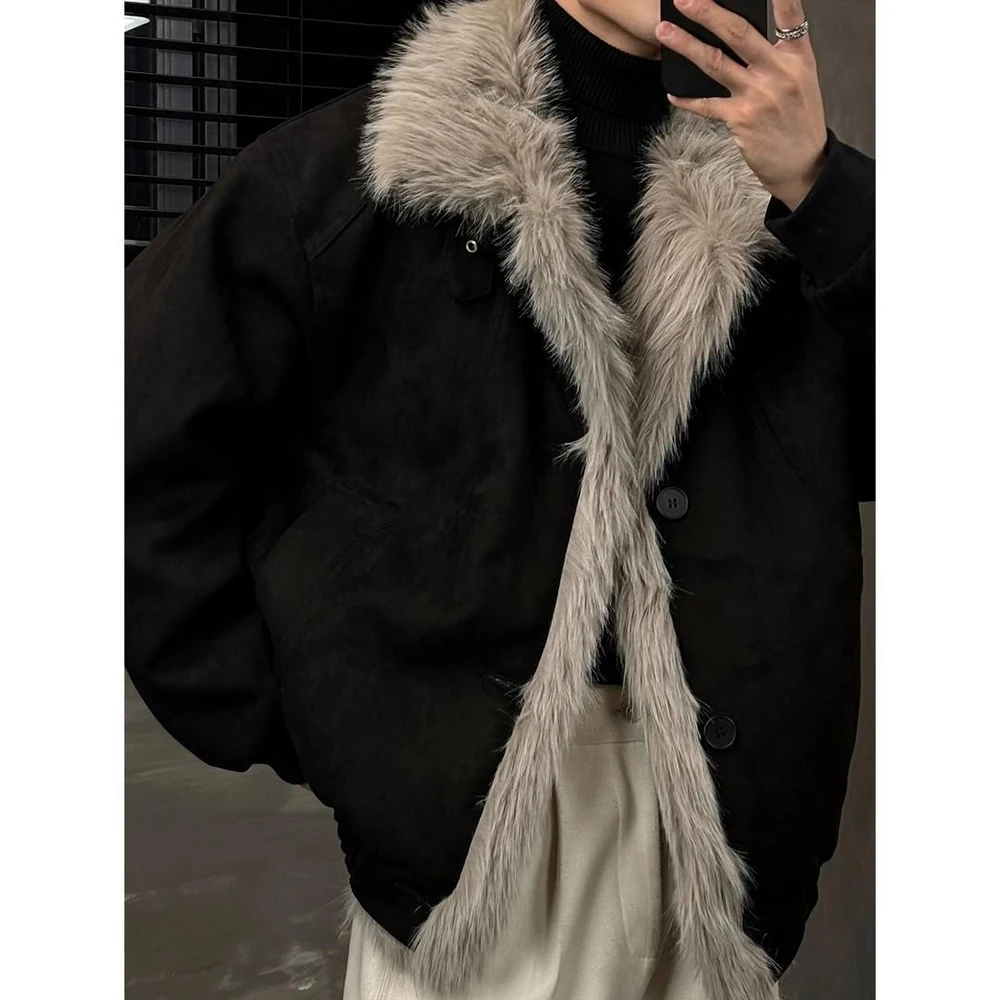 

2025 зимняя новая мужская однотонная меховая куртка с длинными рукавами, американский ретро-модный тренд, уличный повседневный свободный нишевый мужской топ