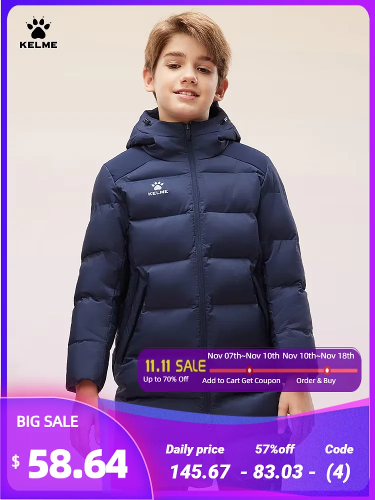 

Детская длинная хлопковая одежда Kelme, зимняя футбольная тренировочная куртка с цветными блоками, спортивная теплая ветрозащитная хлопковая куртка из хлопка