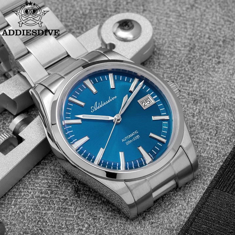 Orologio ADDIESDIVE Nuovo quadrante blu Sunburst Orologio automatico di lusso NH35 AD2077 Orologio da polso da uomo impermeabile in acciaio inossidabile da 100 m
