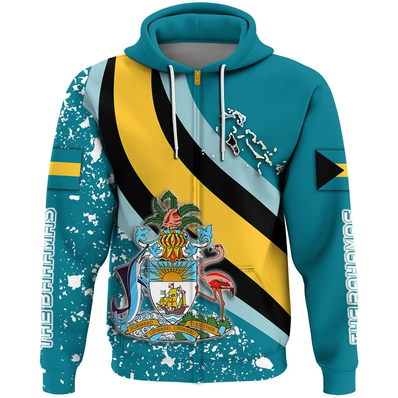 Bahamas Flag Map 3D Printed Zip Up Hoodies For Men Clothes National Emblem Hoody Tracksuit Fashion Boy Zipper Hoodie Women Tops