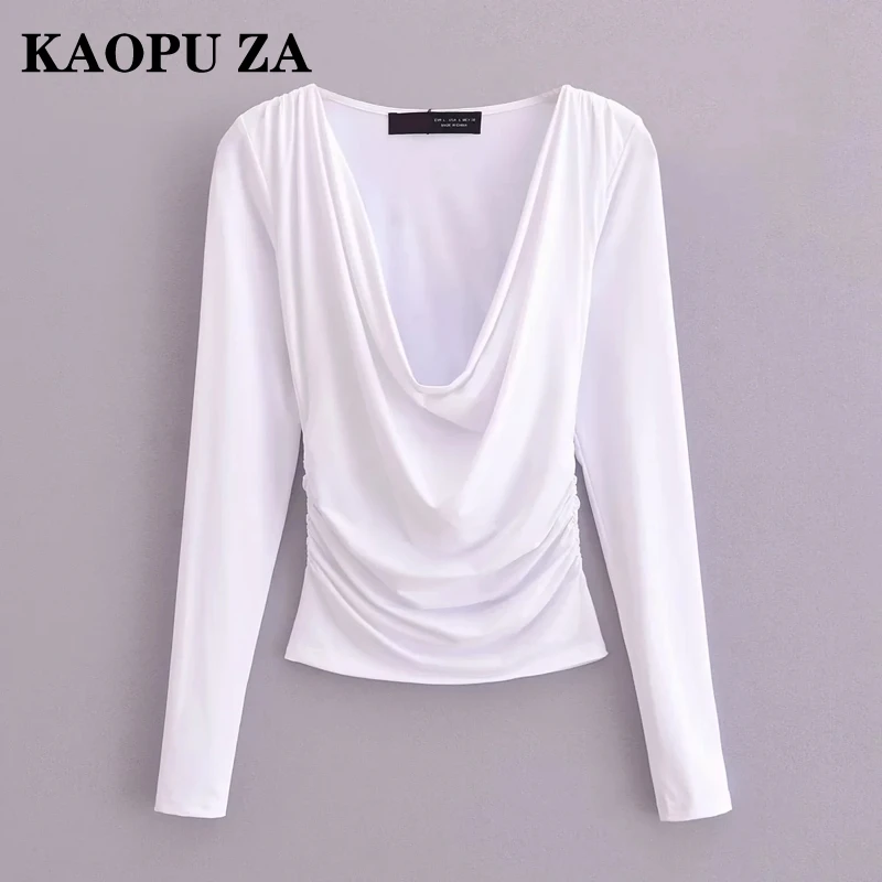 KAOPU ZA 2024 Autumn Woman Casual Fashion V-Collar Long Sleeve Long Sleeve Top Female Commuting Ruffles Solid Color Slim T-shirt