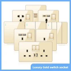 Gold UK 13A Tempered Glass USB Socket Plug,18W Type-C Fast charging Universal 3pin Dual Power Outlet,Wall 2way Light Switch