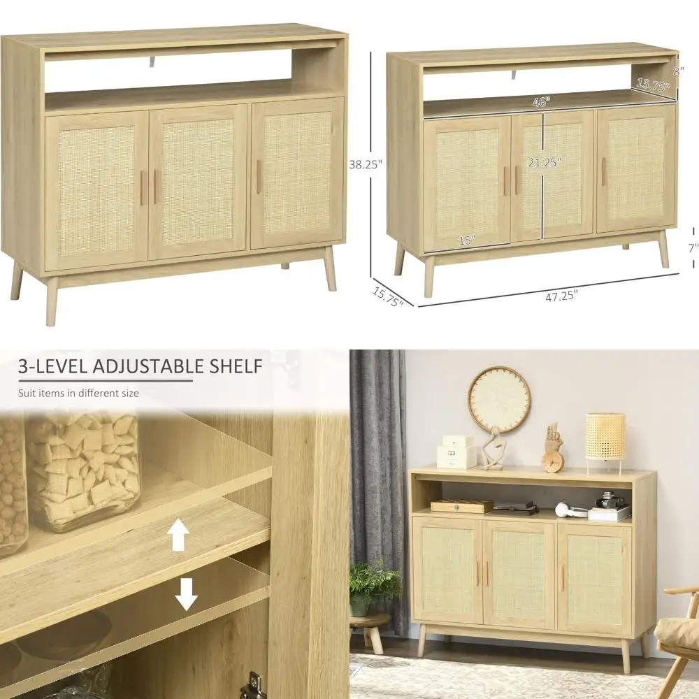 

Boho Style Buffet Cabinet with 3 Rattan Doors, Adjustable Shelf, Coffee Bar Cabinet, Kitchen Sideboard Storage