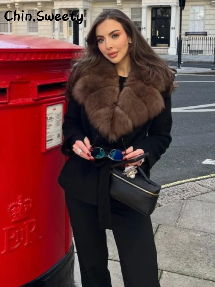 Manteaux en laine à lacets pour femmes, Chic, col en fourrure, ample, solide, manches longues, poches, veste féminine, automne 2025, vêtements d'extérieur chauds de rue