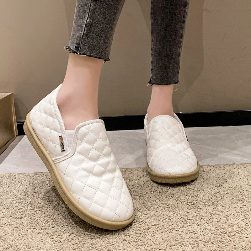 

Womens Casual Single Shoes Flat Bottomed Low Heel Round Toe Anti Slip Soft Sole Winter PU with Cotton Inside Warm Low Top Shoes