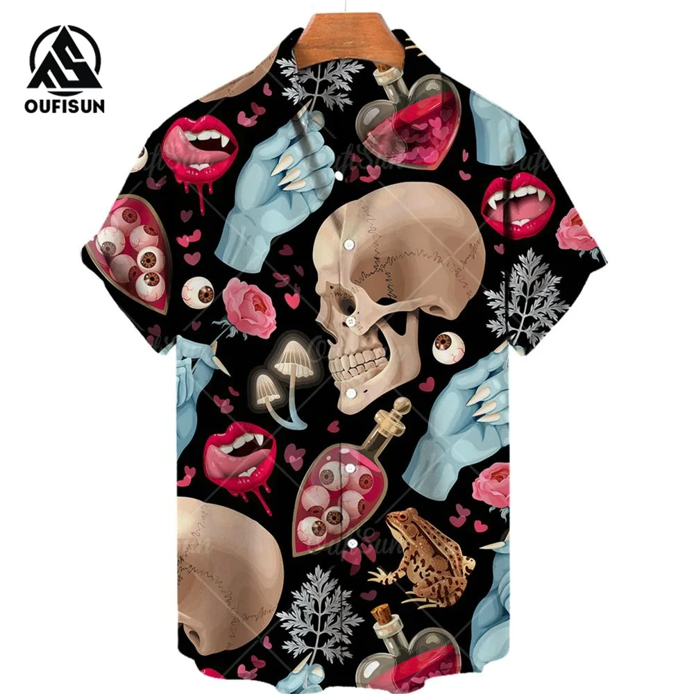 Summer Fashion Men\'s Short Sleeve Casual Printed Shirt Flowers Horror Skull Print Vacation Travel Oversized Top Size S-5XL