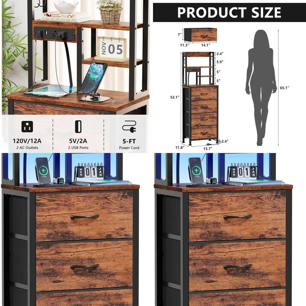 

Прикроватная тумбочка в деревенском стиле, коричневая, со светодиодной подсветкой, зарядной станцией, USB-портами, 4 тканевыми ящиками и 4-уровневой полкой для спальни, общежития, офиса