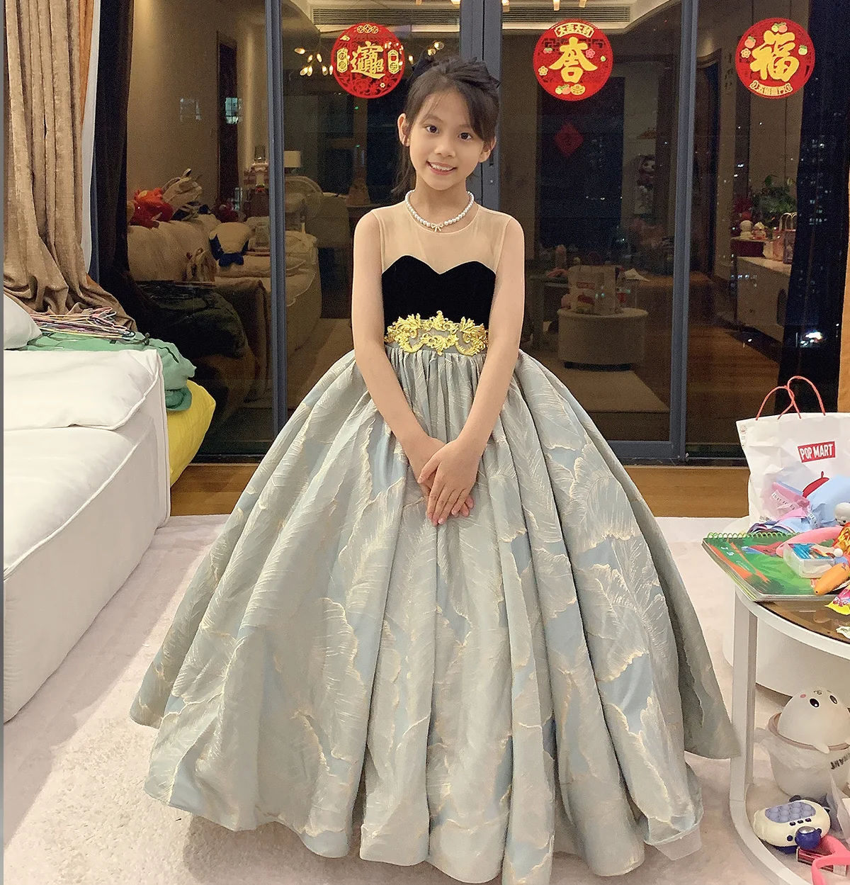 

Girls One Shoulder Glitter Gold Skirt Teen Dress Festive Dress First Communion Formal Dress Holiday Dress Eid Dress /Custom