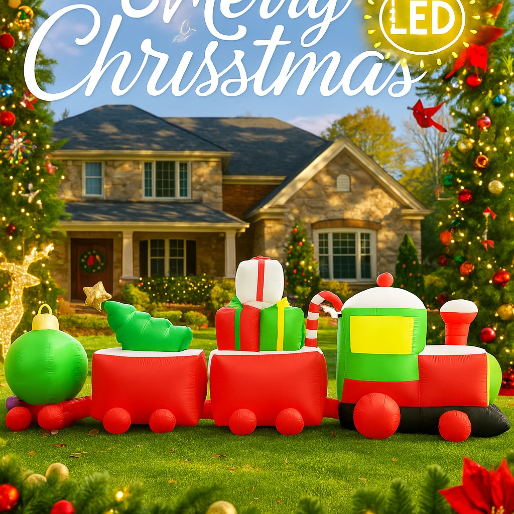 11.81FT Outdoor Holiday Decoration Inflatable Model Christmas Train Santa Toy Gifts Box LED Lights Xmas Yard Decor Home Ornament