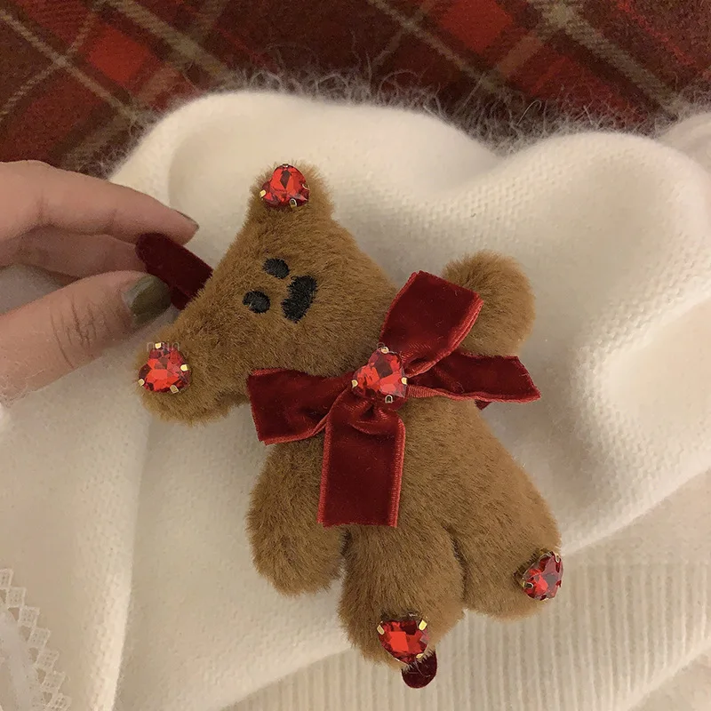 Red Bow-knot Lucky Bear Hair Clips Claws Hair Clamps for Women 2024 New Year Cute Brown Coffee Bear Plush Hair Claws Kids Gifts