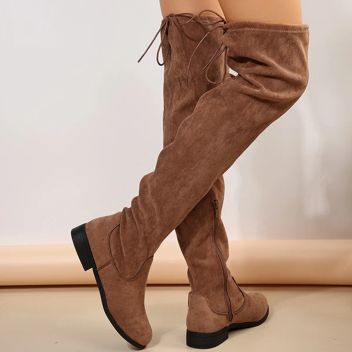 Faux Suede Female Thigh Gigh Boots Women New  Autumn Zipper Elastic Knee-high Boots Woman Tube Lace-up Botas Mujer Size 43