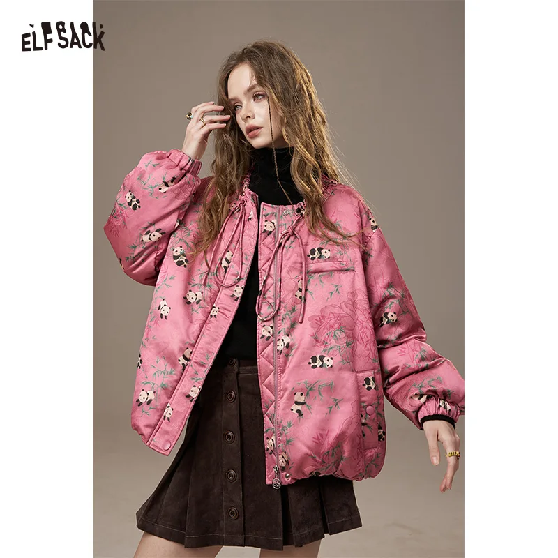 ELFSACK Women's Pink Panda Puffer Jacket with Drawstring, Warm Quilted Winter Coat, Cute Floral Print, Casual Street Style