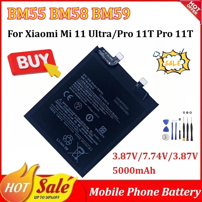 

NewBM55 BM58 BM59 5000mAh Mobile Phone Battery for Xiaomi Mi 11 Ultra/Pro 11T Pro 11T Replacement Battery with Tools