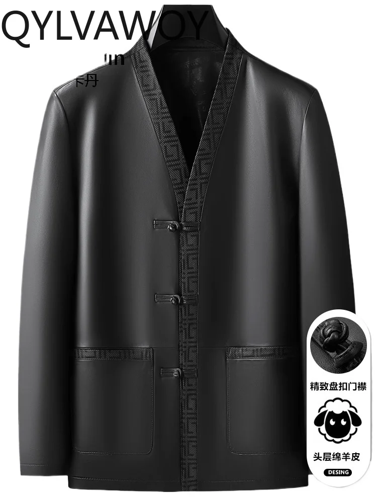 

QYLVAWOY Мужская кожаная куртка из овчины в китайском стиле с воротником-стойкой на пуговицах, костюм для папы, верхняя одежда LJ2709