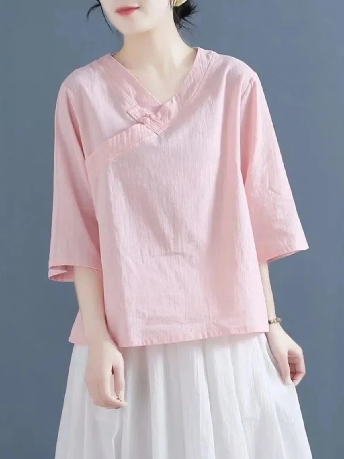 Losse Katoenen Linnen Dames T-shirt V-ne Vijfkwart Sve Vintage Zen Sle Thee Kleding Button Up Zomer Nieuwe Collectie