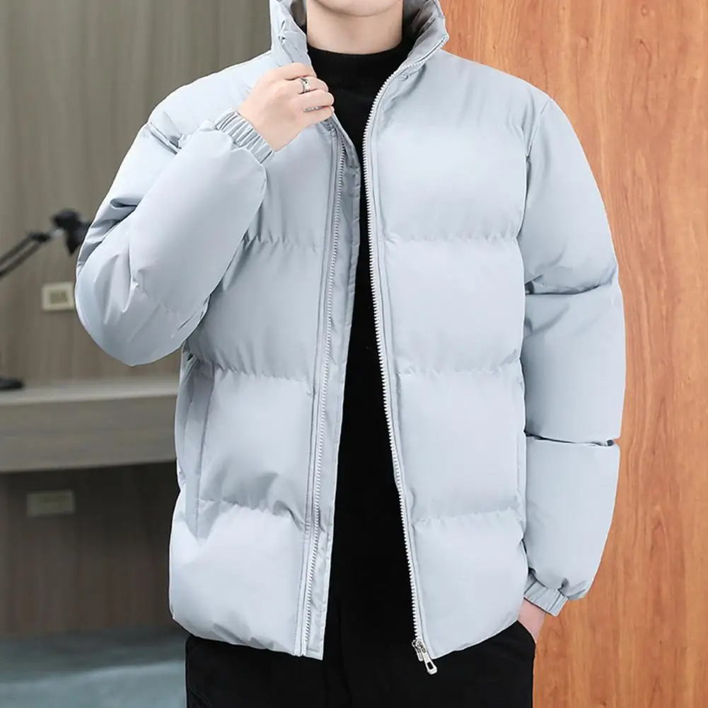 Men Zipper Coat Men's Winter Cotton Coat with Stand Collar Zipper Placket Hop Streetwear Jacket with Pockets Oversize Thicken