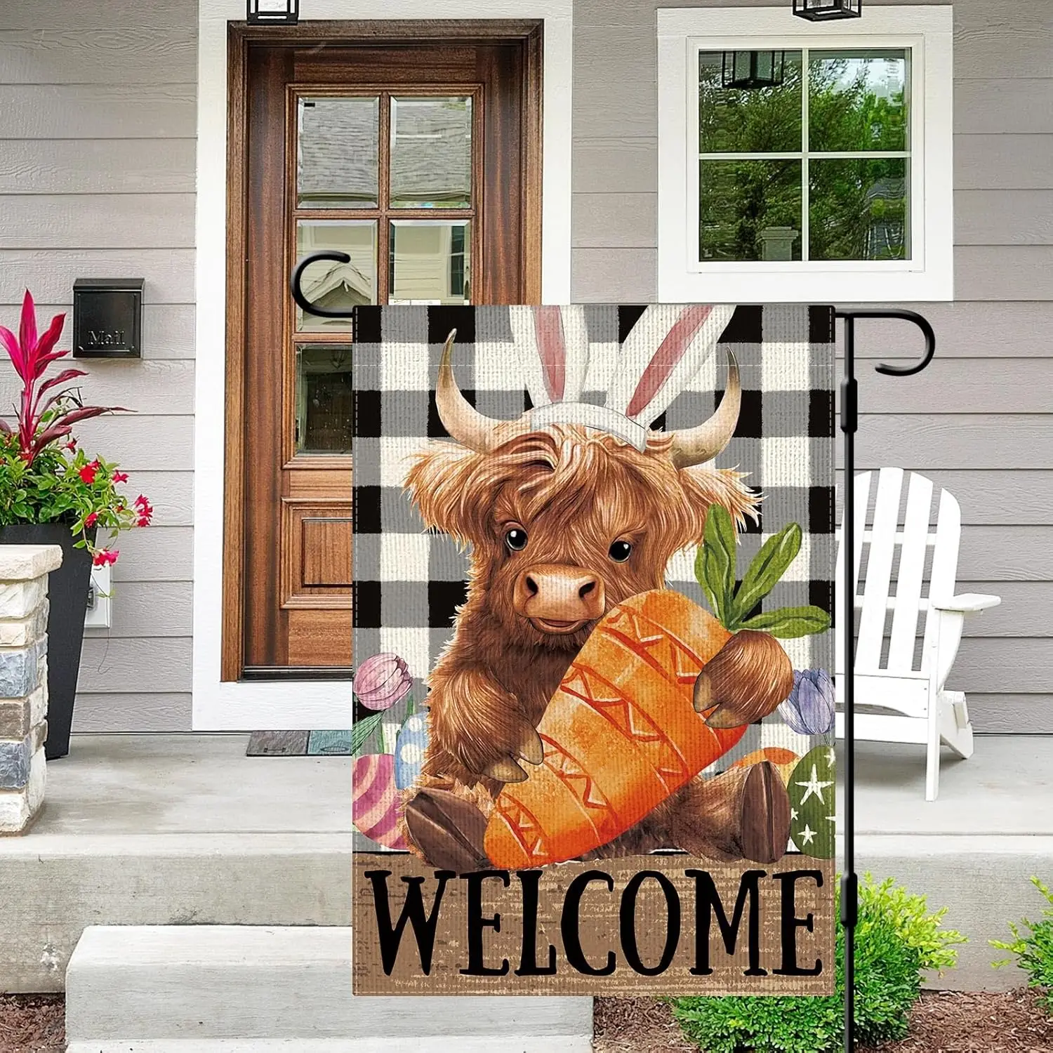 DLZDN Welcome Easter Highland Cow Garden Flag 12×18 Inch Double Side Vertical Burlap Farmhouse Yard Sign Spring Holiday Outd PPM
