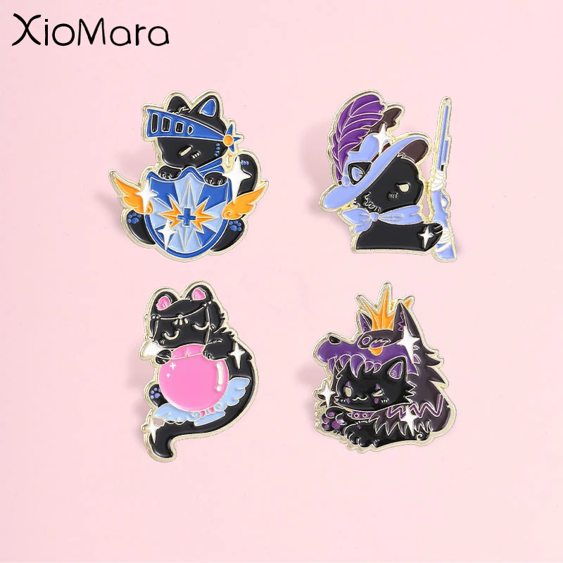 Fantasy Black Cat Enamel Pin,Cute Witch,Cowboy Dragon and Knight Fantasy Character Badge,Fashion Accessory,Gift for Cat Lovers