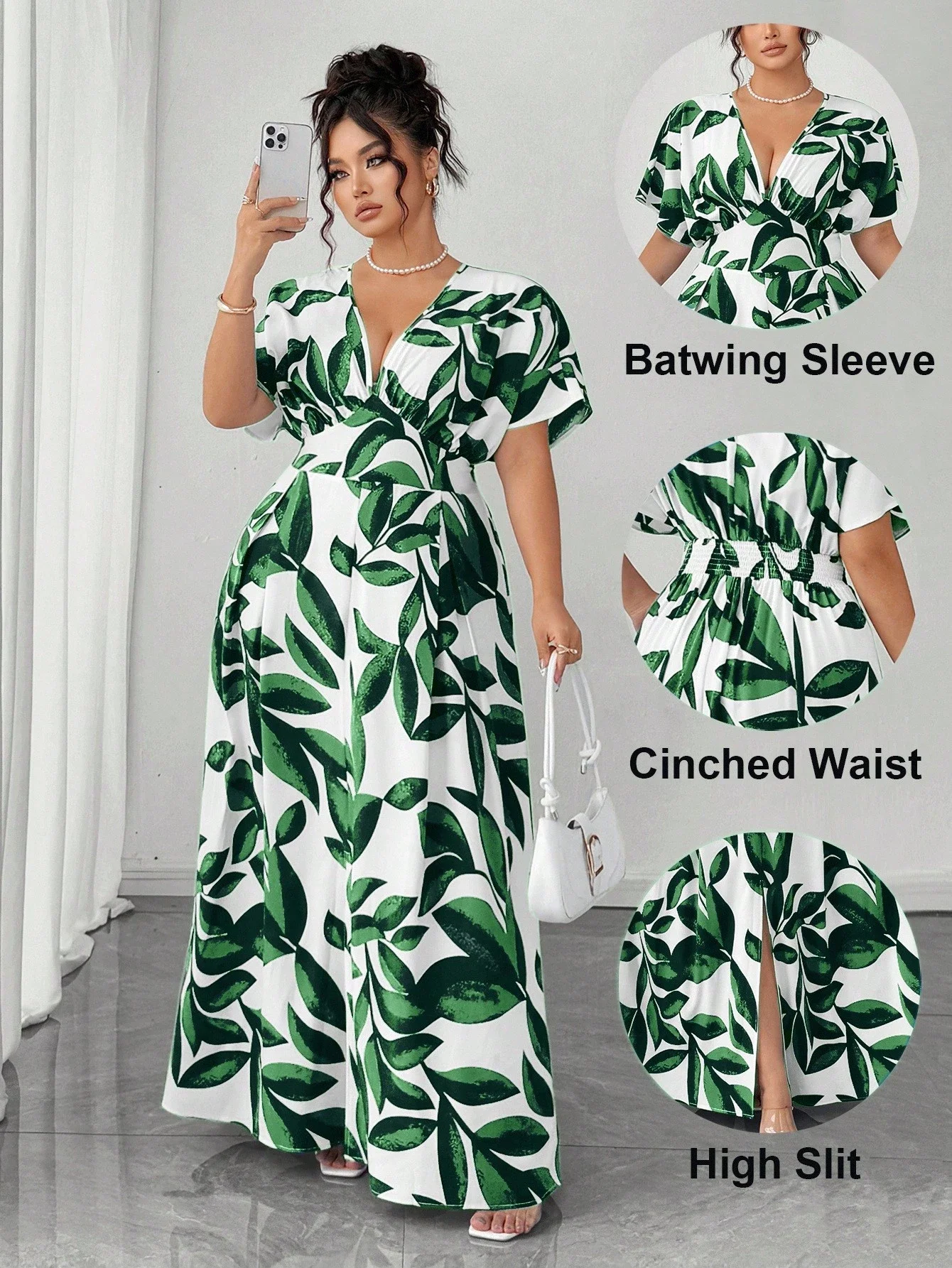 

Women's V-Neck Leaf Print Batwing Sleeve Maxi Dress With Cinched Waist And High Slit