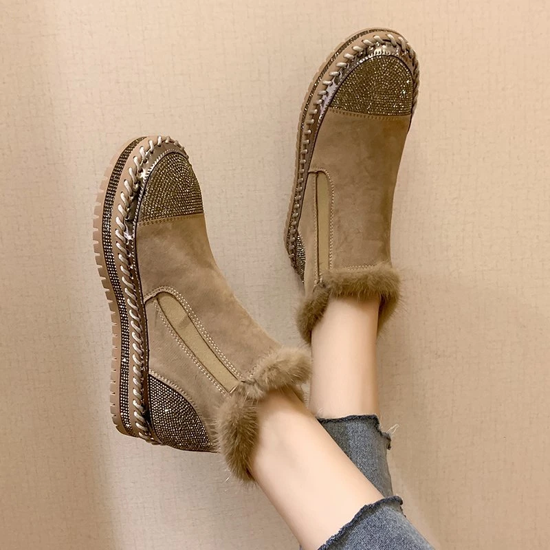 Warm Real Mink Fur Shoes Women Luxury Crystal Hand Stitching Leather Winter Large Size High Platform Shoes Slip-on