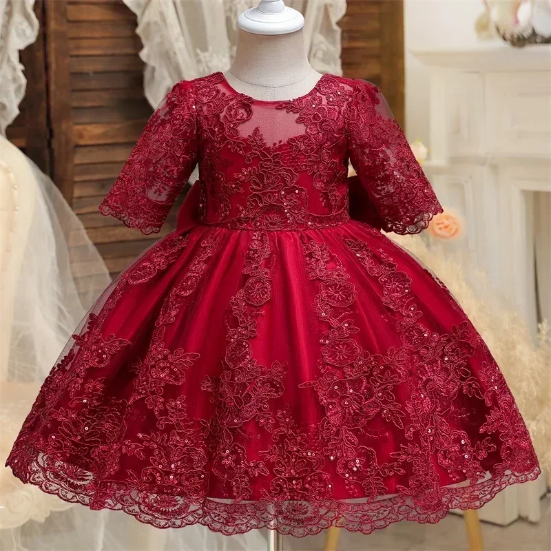 Red Christmas Baby Dress for Long Sleeve Luxury Embroidery Ball Gown Bow Flower Girl Princess Dress 1-5Y Toddler Birthday Outfit