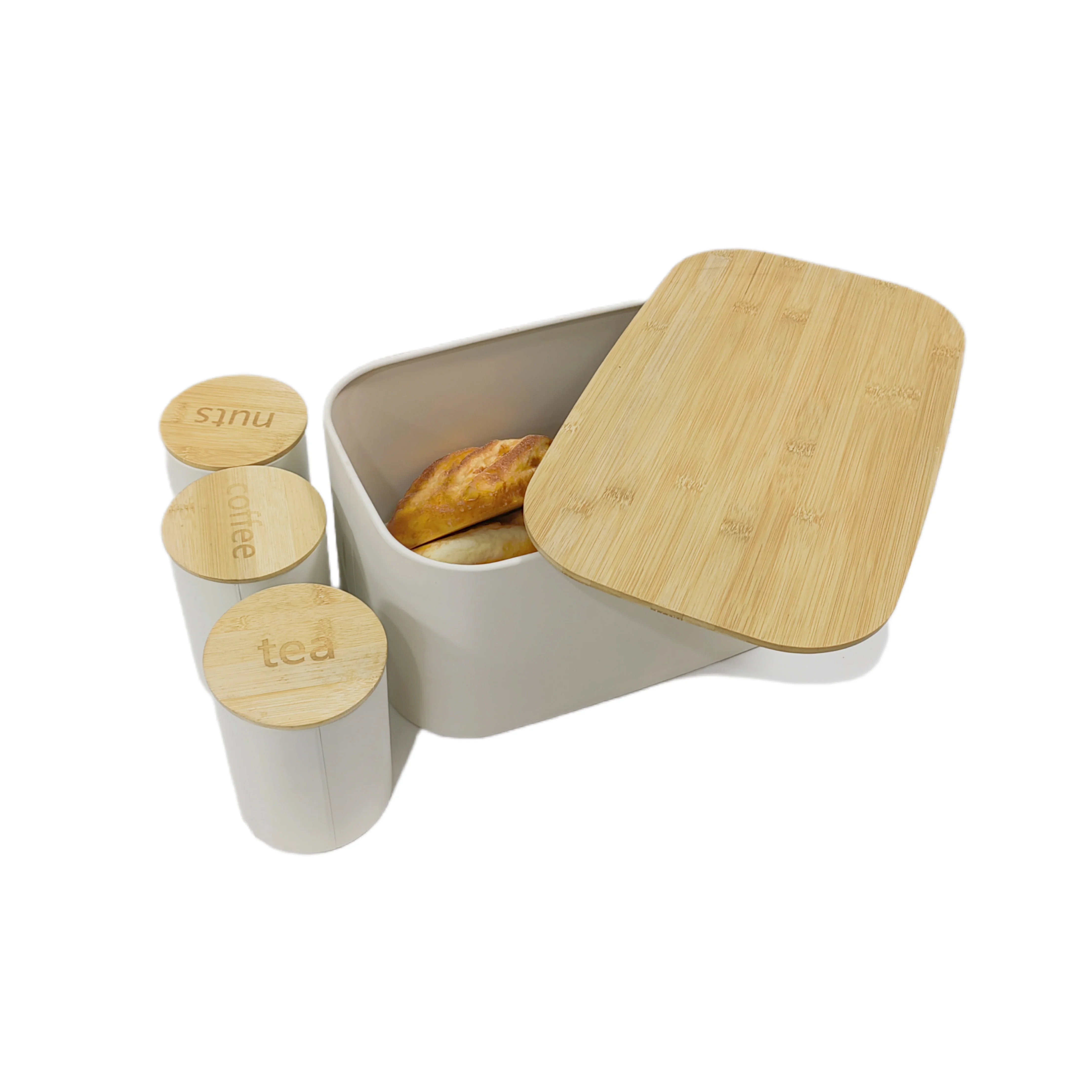 Kitchen Countertop Storage Bin for Bread Tea Coffee Nuts, Galvanized Iron Bread Box and Canister Set, Bread Box With Bamboo Lid