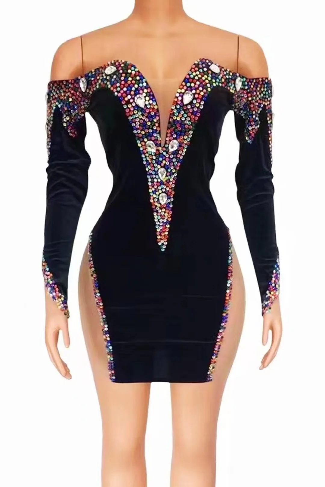 

Multi-color Rhinestone Black Short Dress Evening Birthday Celebrate Prom Party Costume Women Dancer Sexy Show Dress