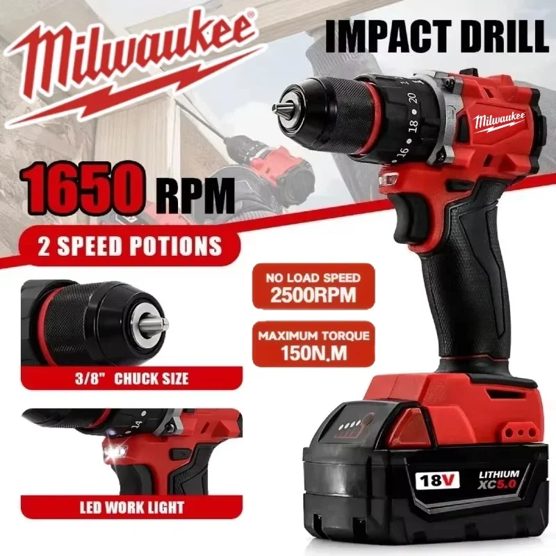 

Milwaukee 20+3 Torque Small Drill Hammer Multifunctional Power Tools 150N.m Cordless Impact Drill Brushless Electric Drill