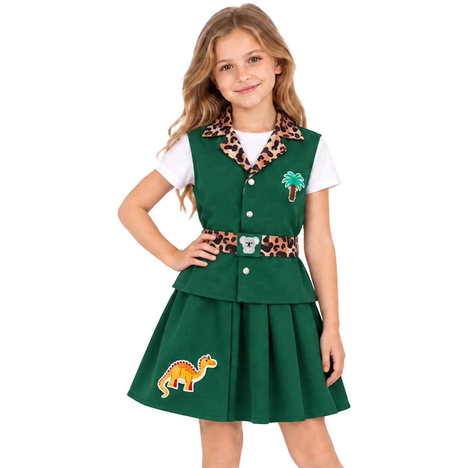 Children Girls Zookeeper Jungle Explorer Costume Lapel Sleeveless Leopard Printed Vest with Pleated Skirt Belt for Theme Party