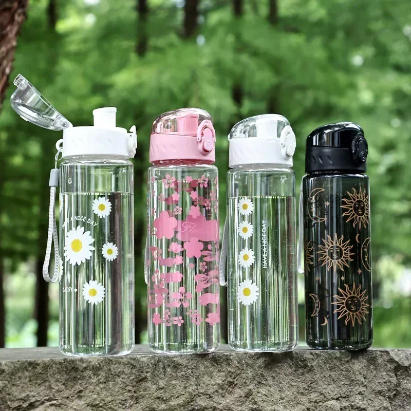 600ml Daisy Flower Plastic Water Bottle Sports Transparent Water Bottle Portable Gym Travel Clear Leakproof Drinking Bottle