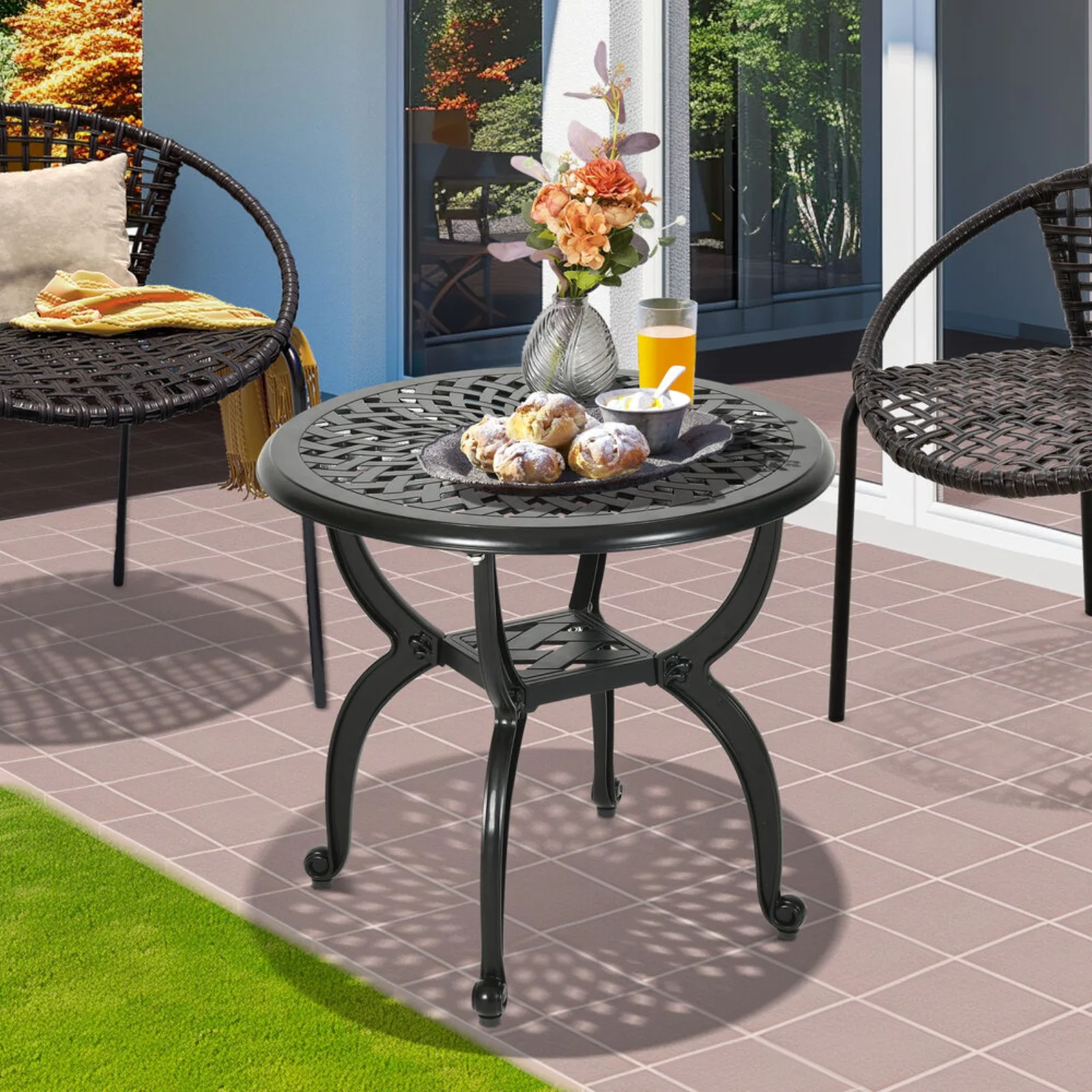 

US Outdoor Patio Dining Table Furniture Aluminum Round End Table W/ Adjustable Foot