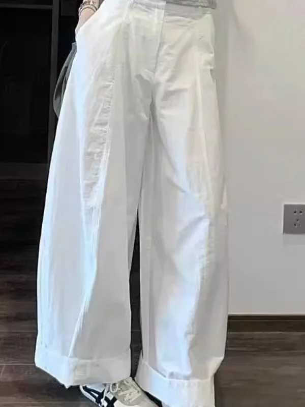 فضفاض مستقيم الساق السراويل الكورية Sle كسول شعور فضفاض الأبيض عمال بنطال ذو قصة أرجل واسعة صيف 2025 بناطيل كاجوال