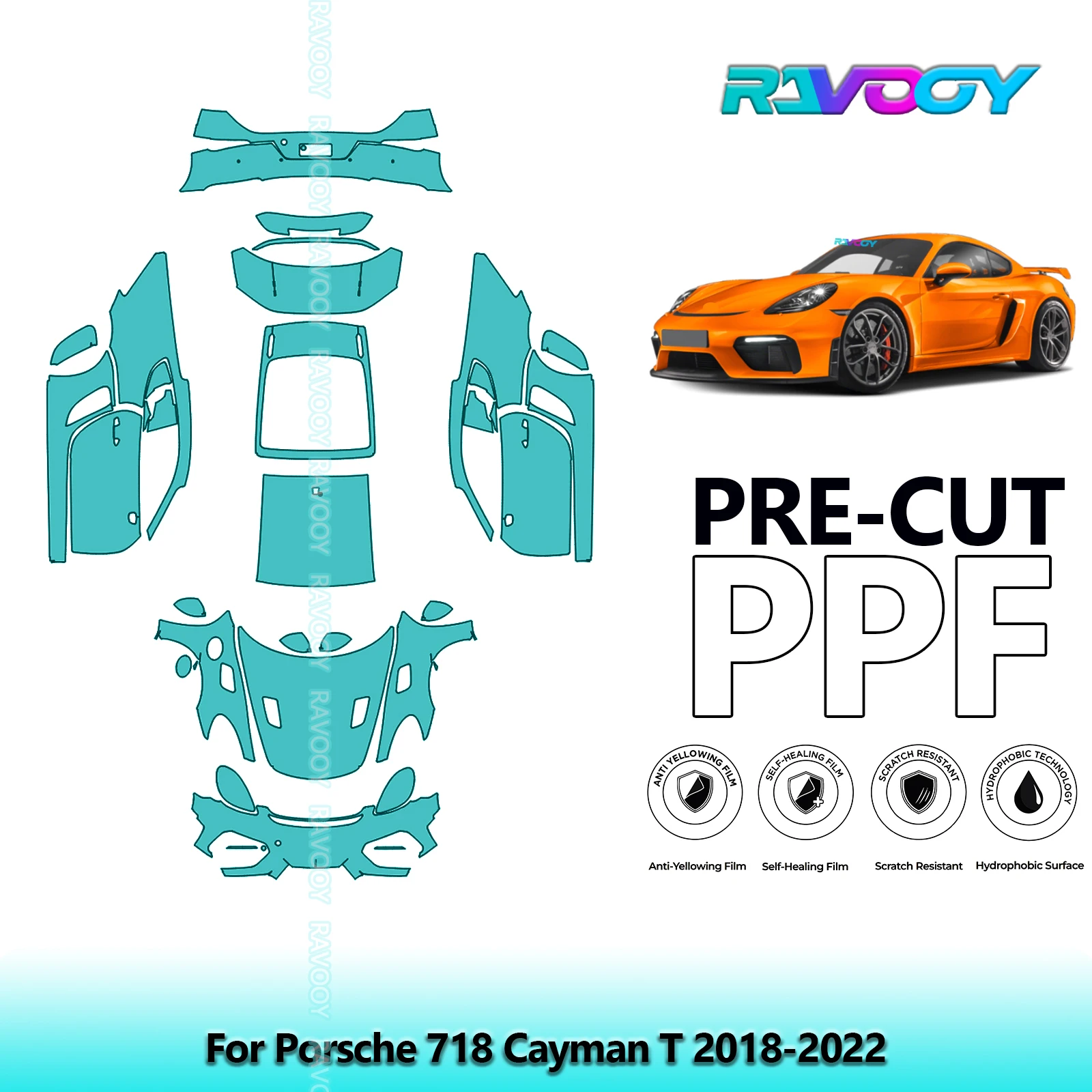 

Для Porsche 718 Cayman T 2018-2022 полный автомобильный прозрачный бюстгальтер 8,5 мил предварительно вырезанная защитная пленка для краски PPF