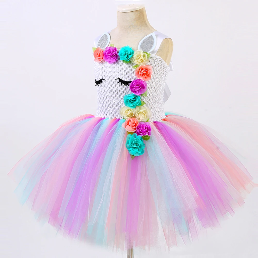 Gaun Tutu Natal anak perempuan, kostum Unicorn bunga Pastel, baju pesta ulang tahun anak perempuan, baju Tutu Natal Halloween dengan Set sayap tanduk Unicorn