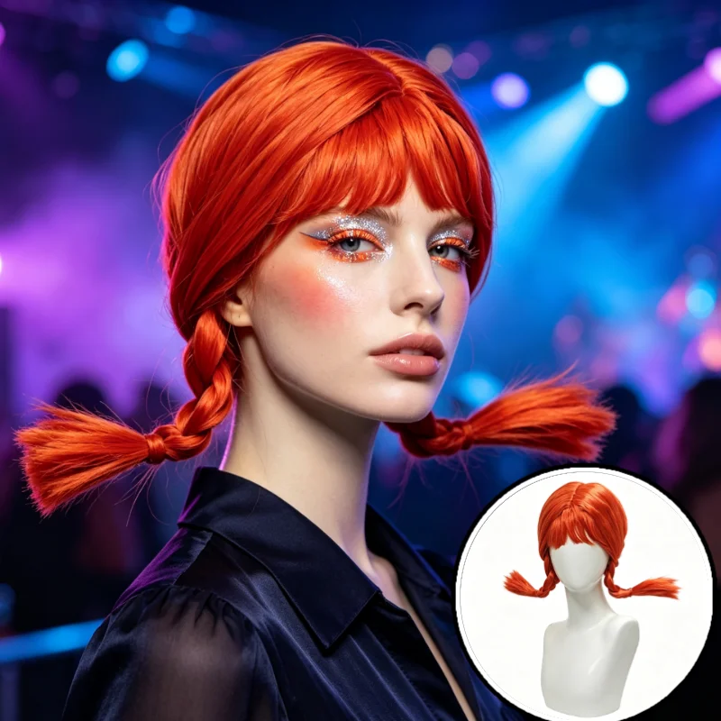 Anxin Brand Synthetic Fiber Wig, Orange-Red Double Braided Style, Straight Bangs + Braided Elements, Fluffy Natural Hair, Suitable for Cosplay/Children's Play Costumes/Cute Style Daily Wear, for Teenagers and Adults Aged 8-16, Easy to Wear and Maintain, One Piece