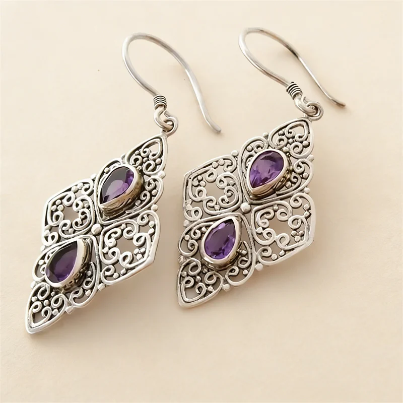 Vintage Silver Color Water Droplets Purple Stone Earrings Personality Metal Carving Pattern Geometry Hollow Dangle Earrings