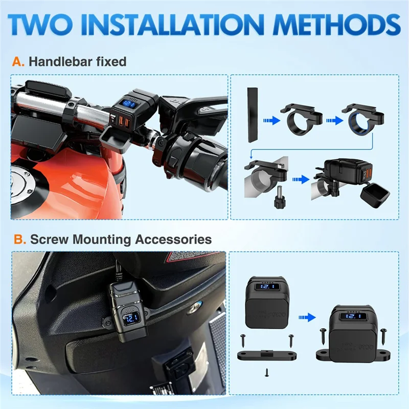 

Compact Motorcycle USB Charger 6.8A Quick Charge 3.0 Dual USB Motorcycle Phone Charger With Voltmeter & ON/Off Switch