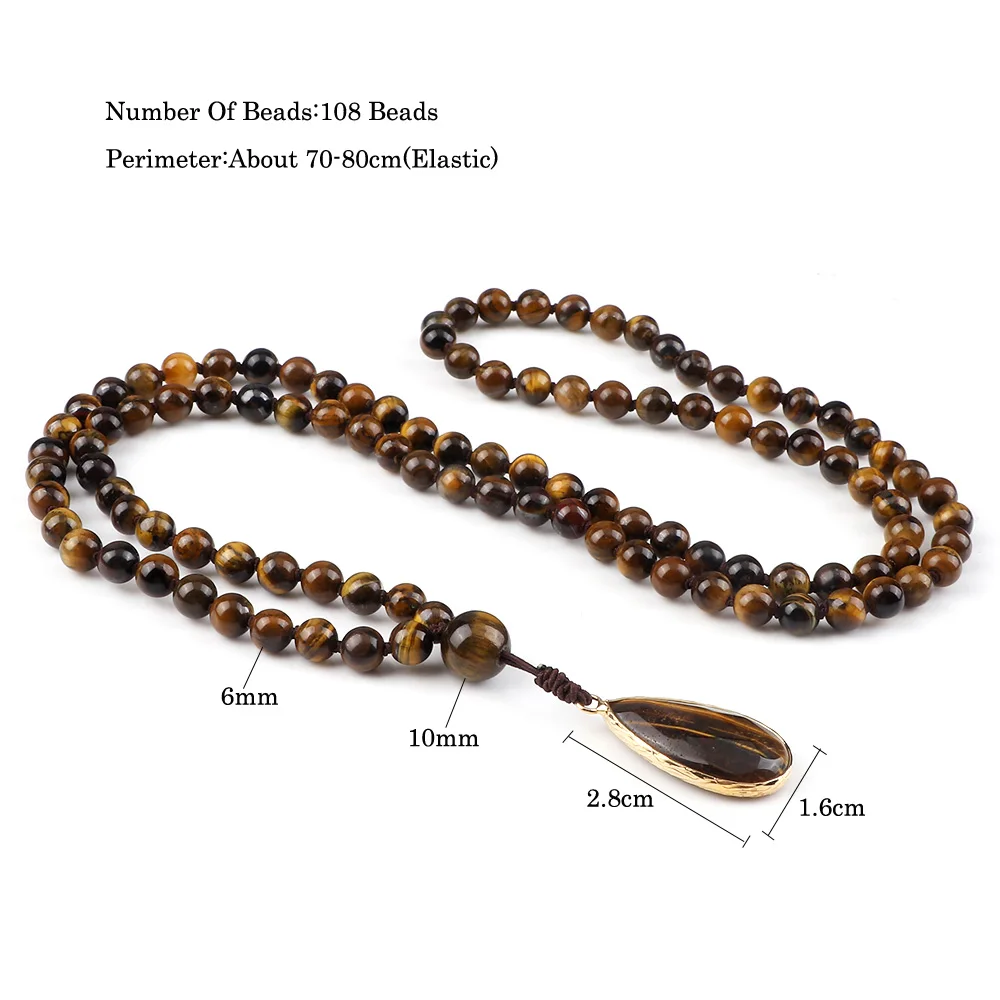 Vintage Men 108 Mala Beads Necklaces 6mm Natural Tiger Eye Stone Onyx Beads Prayer Necklace Drop Pendant Women Yoga Jewelry Gift