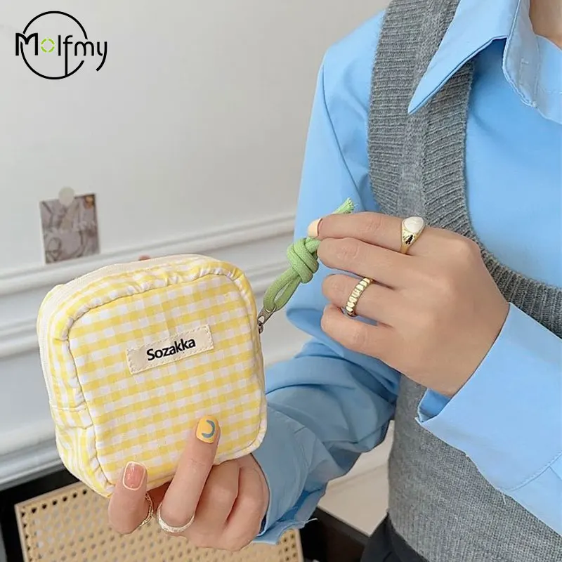 Plaid Mini Cosmetic Bag for Makeup Candy Color Make Up Sanitary Napkin Storage Bags Cotton Cloth SmallItem Bag Student Pouch Sac