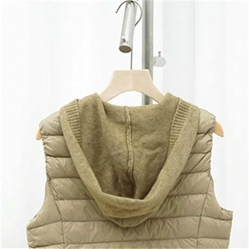 Gilet invernale da donna in maglia con cappuccio, giacca calda, leggera, sottile, in piumino d'anatra bianca, parka, canotta corta senza maniche femminile