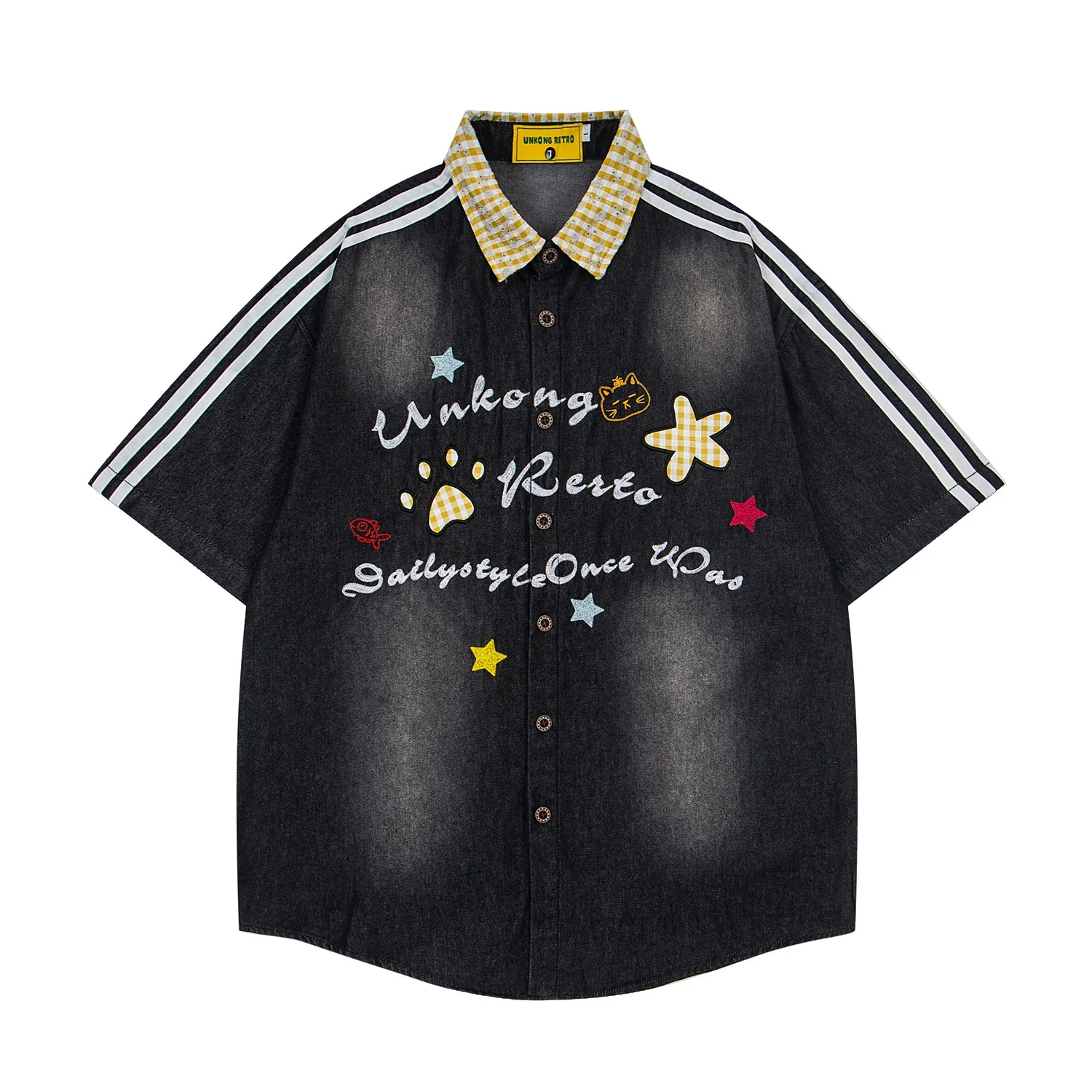 

Men Streetwear Harajuku Shirt Distressed Patchwork Denim Casual Shirt Loose Hip Hop Oversize Beach Summer Short Sleeve Tops New