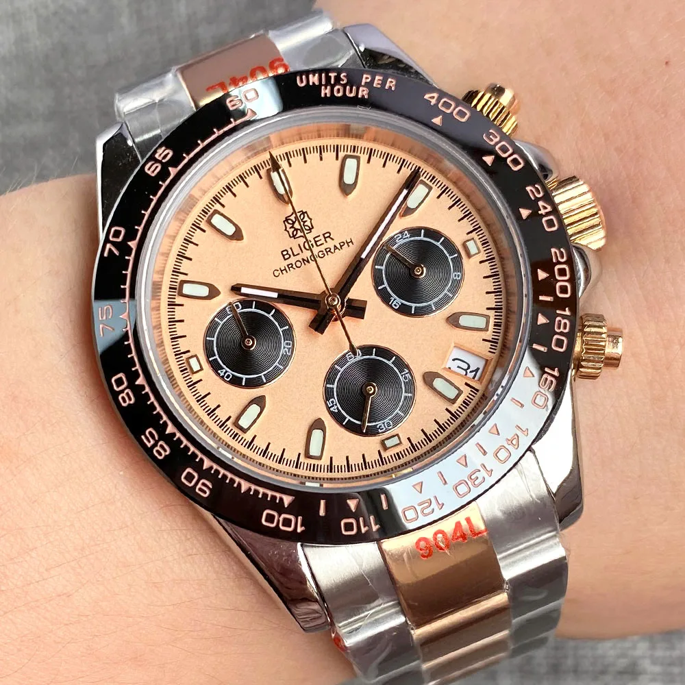 

BLIGER QUARTZ Watches for Men Two Tone Rose gold Chronograph Steel Wristwatch Calendar Date Sapphire Glass Battery Sport Rejor